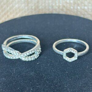 Set of 2 Silver Rings-Size 8.5-Hexagon and Criss-Cross with Rhinestones